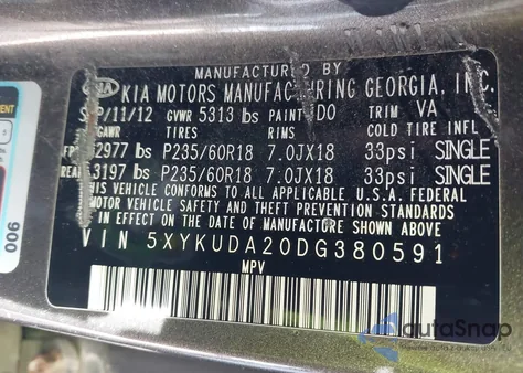 2013 Kia Sorento Ex V6 z USA, uszkodzony, nr VIN 5XYKUDA20DG380591